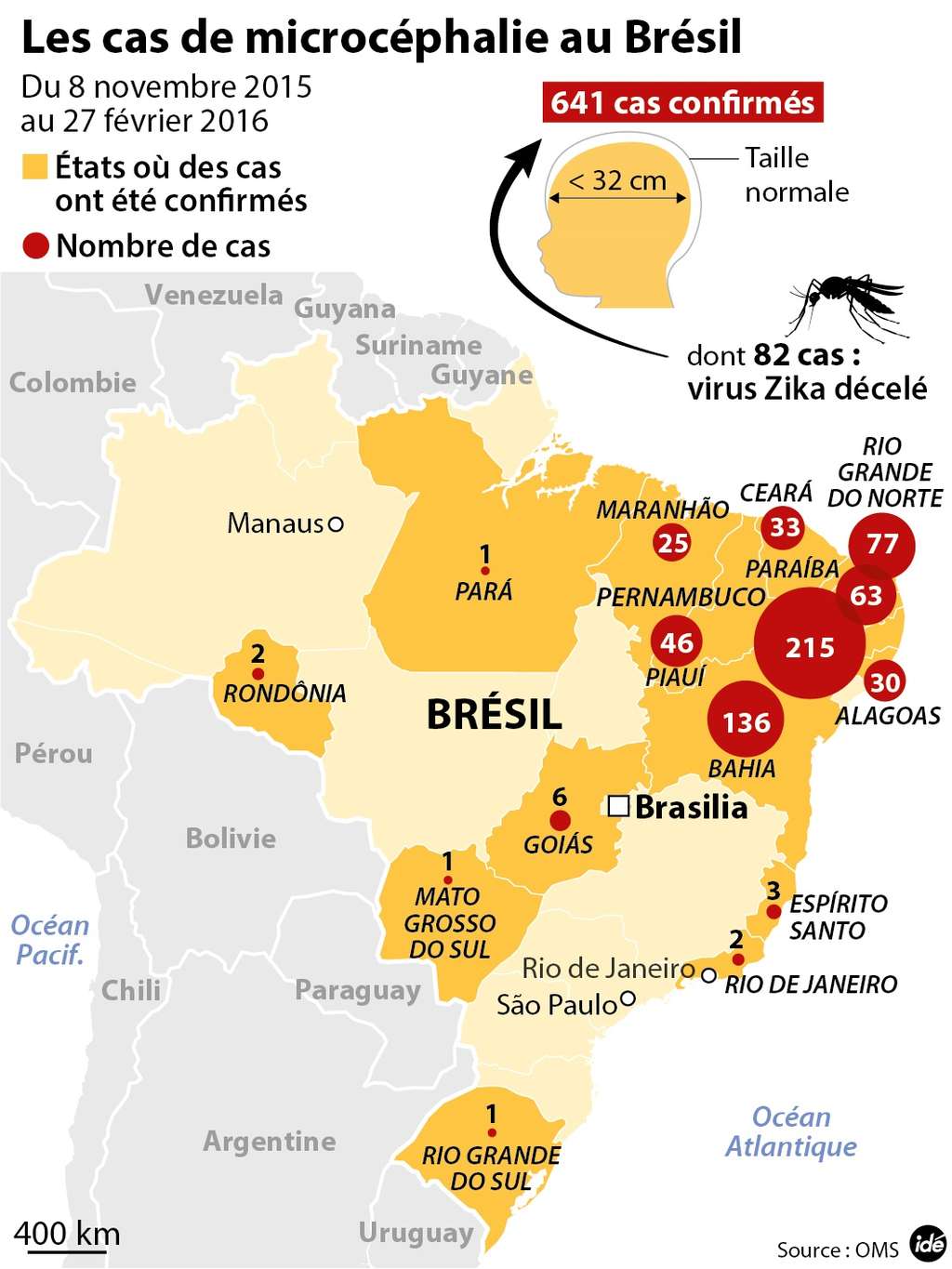 Le Brésil a enregistré de nombreuses naissances de bébés touchés par la microcéphalie. (Cliquez sur la carte pour l'agrandir.) © <em>idé</em>