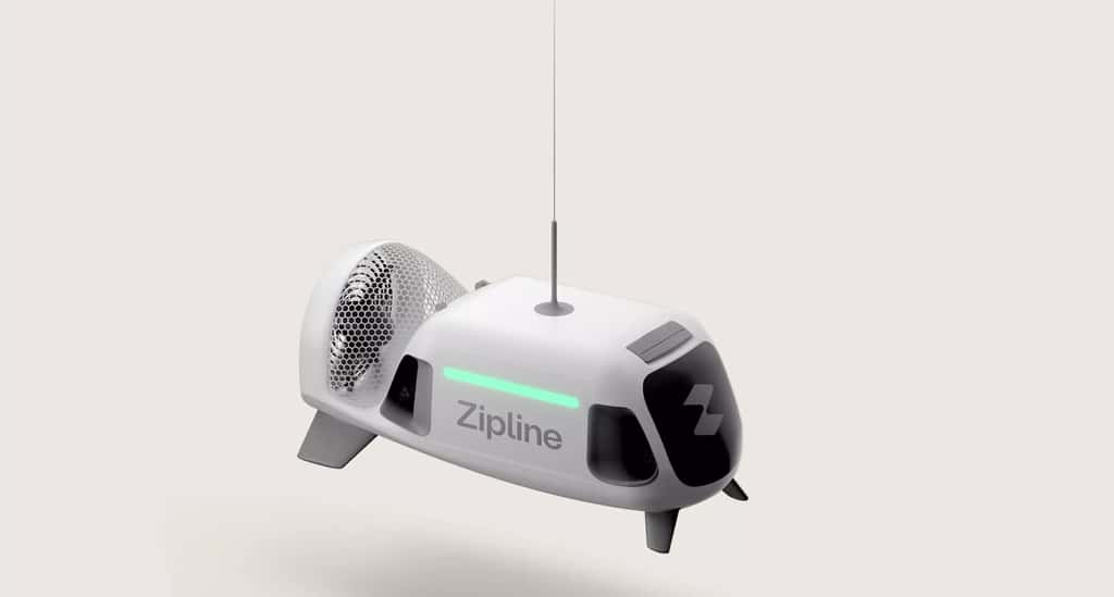 Voici le droïde, le drone cargo embarqué par le drone P2 Zip. C’est lui qui réalise le dépôt du colis à l’endroit voulu. © Zipline
