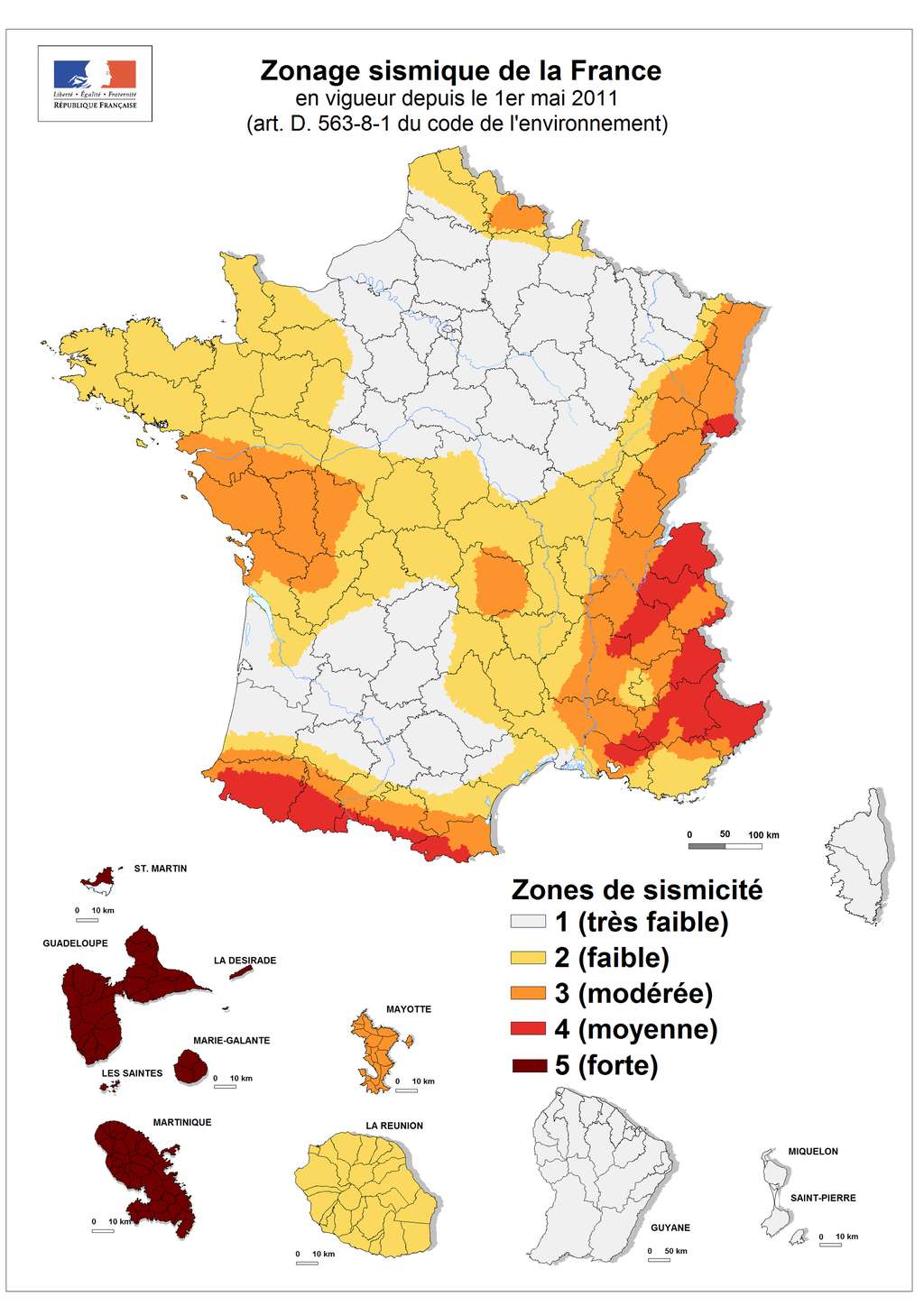 Carte du zonage sismique en France. © Plan séisme
