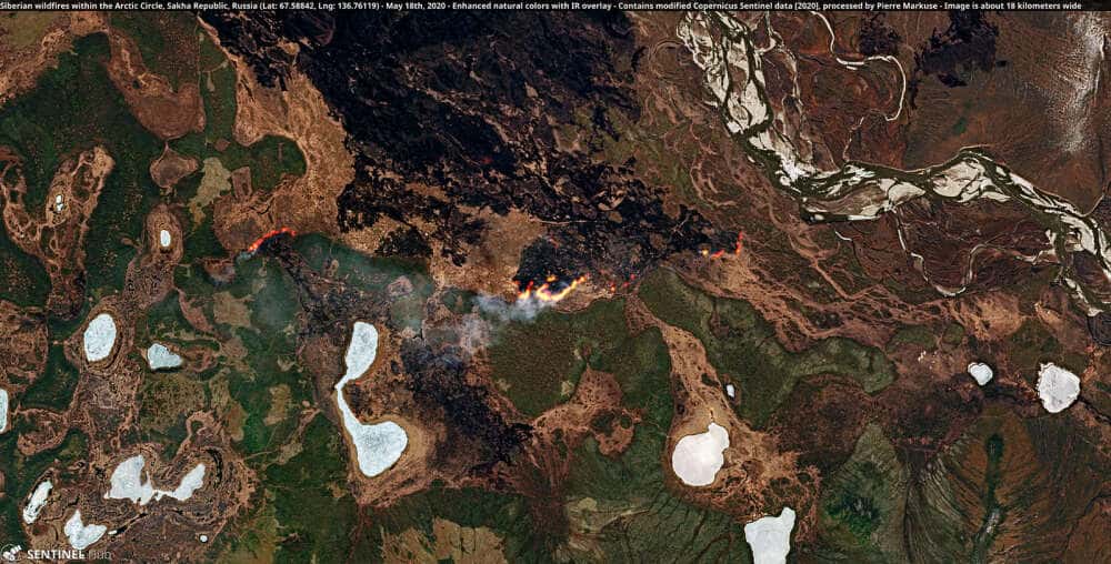 En Sibérie, soit dans le cercle arctique, un des Copernicus Sentinel a immortalisé la reprise d'incendies le 18 mai 2020. © Copernicus Sentinel (2020), traitée par Pierre Markuse, CC by 2.0