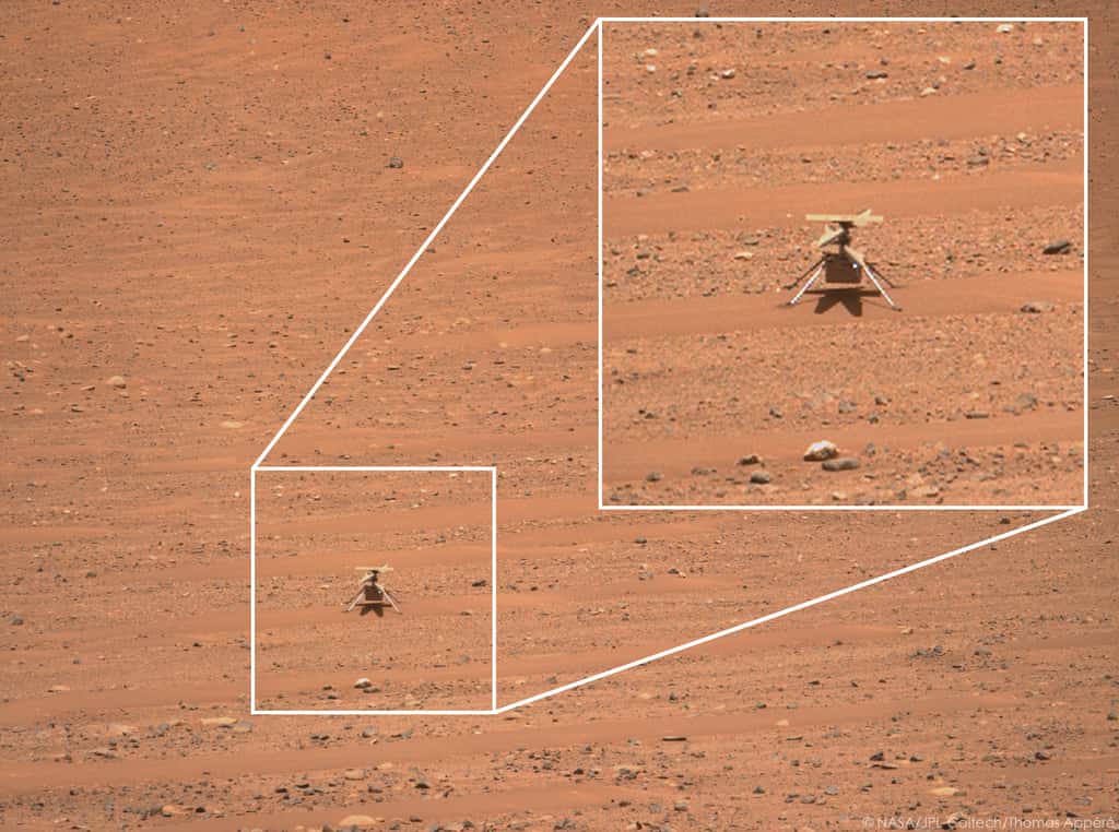 Zoom sur Ingenuity, vu par Perseverance le 4 mars 2023 (sol 724). © Nasa, JPL-CalTech, NSSS, Thomas Appéré