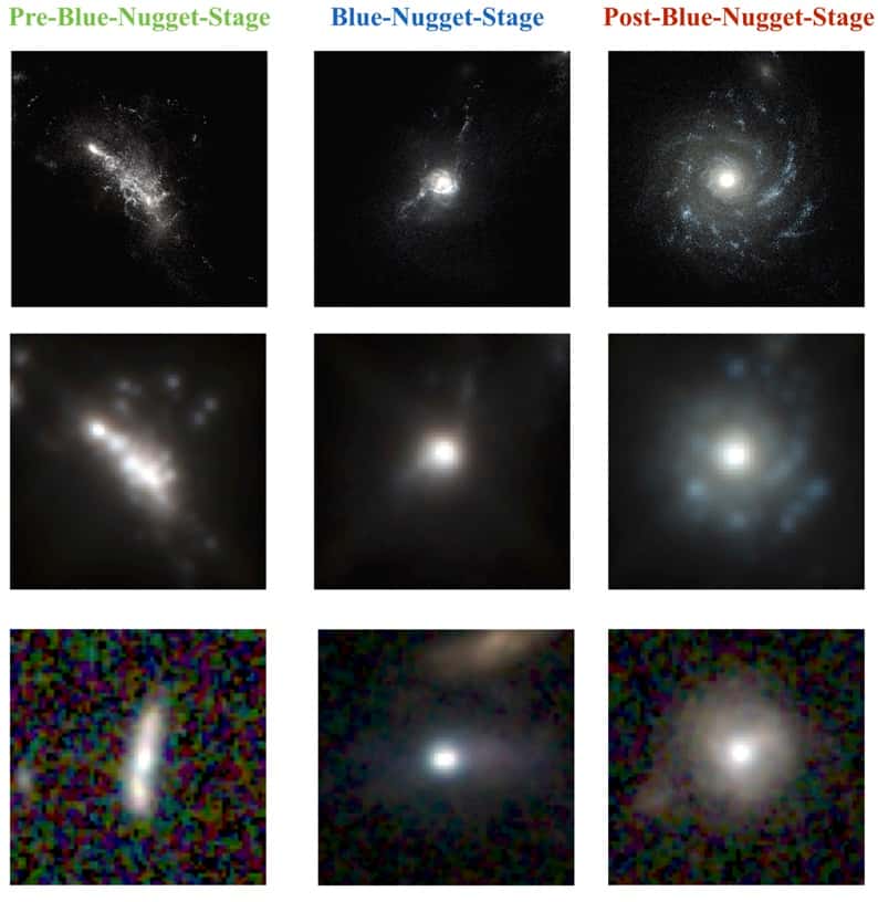 Un réseau neuronal a appris à identifier trois stades clés de la formation des galaxies : pré-<em>blue nugget</em>, <em>blue nugget</em> et post-<em>blue nugget</em>. La rangée du haut correspond aux images haute définition de galaxies générées par les simulations informatiques Vela. Sur la rangée du milieu, ces mêmes images ont été altérées pour donner aux fausses galaxies l’apparence qu’elles auraient eue si elles avaient été observées par le télescope spatial Hubble. Sur la rangée du bas figurent de véritables galaxies observées par Hubble. La largeur des images correspond à environ 100.000 années-lumière. © Greg Snyder, Marc Huertas-Company, Candels