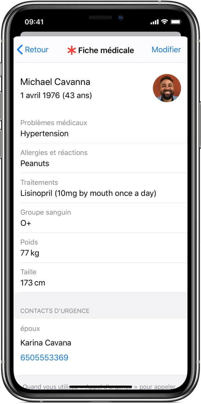 La fiche médicale permet d'indiquer des informations essentielles en cas d'hospitalisation © Apple
