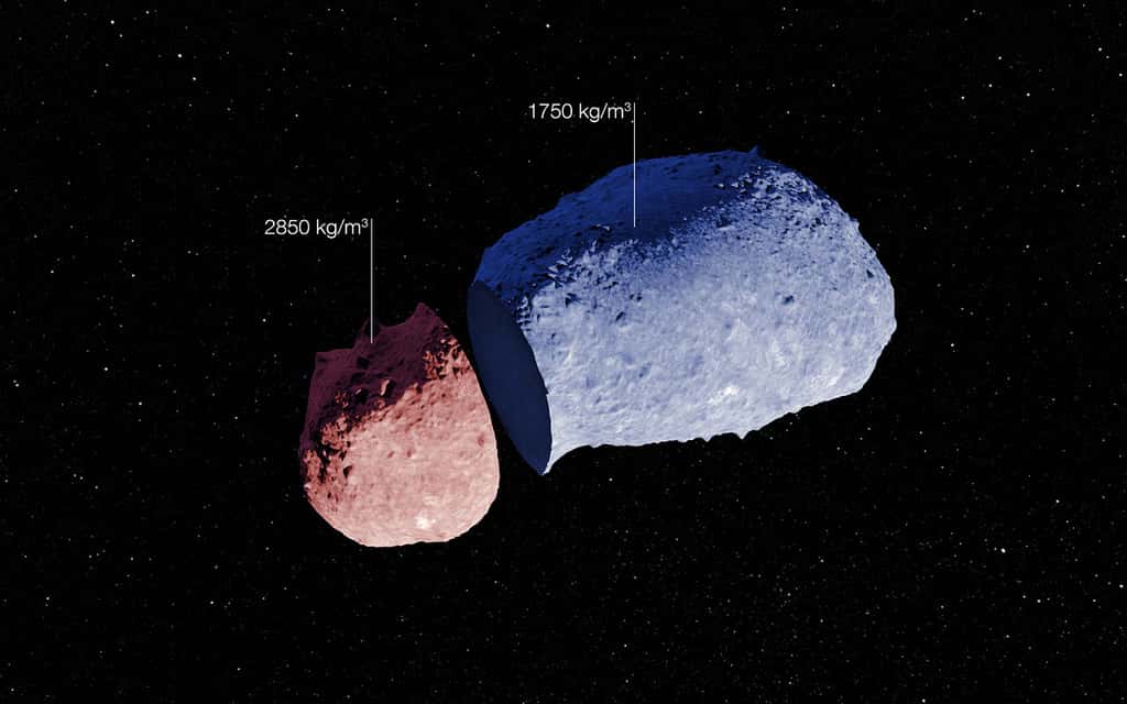 Créé à partie des images prises par la sonde Hayabusa, ce dessin illustre la composition inhomogène de l'astéroïde Itokawa. Deux zones de densité différente ont été indiquées en fausses couleurs. © Eso, Jaxa