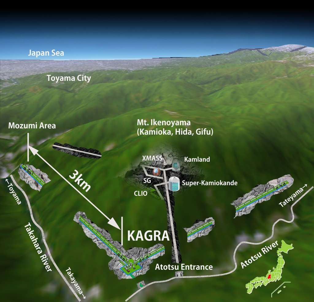 Avant de s’appeler Kagra, le détecteur d’ondes gravitationnelles de Kamioka s’appelait le <em>Large Scale Cryogenic Gravitational Wave Telescope</em> (LCGT). Comme on le voit sur ce schéma, il est installé au Japon au voisinage du détecteur de neutrinos Super-Kamiokande. © ICRR