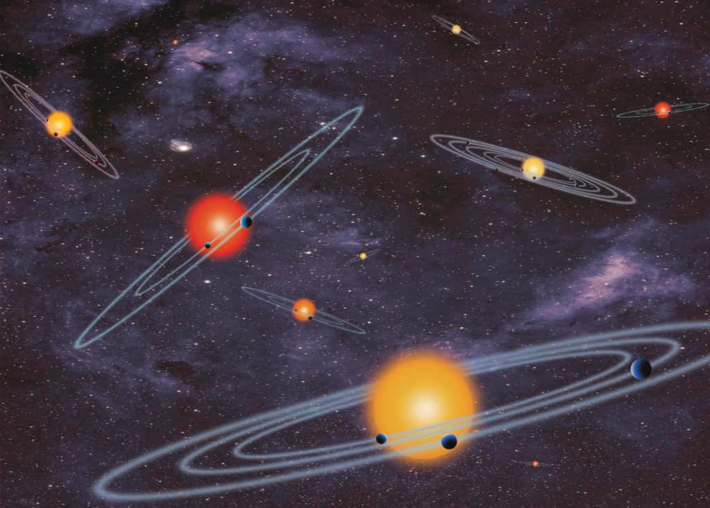 Une représentation d'artiste des systèmes d'exoplanètes découverts en analysant de façon ingénieuse les observations de Kepler. Beaucoup de ces systèmes se trouvent autour de naines rouges. © Nasa