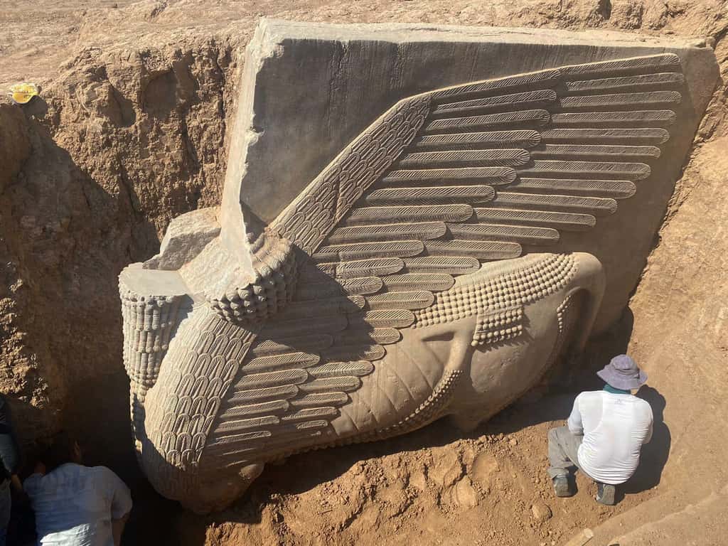 La sculpture « Lamassu » de Dur-Shurrakin, enterrée pendant près de neuf ans sur le site de Khorsabad en Irak. © Mustafa Faraj, Conseil d'État des Antiquité et de l'héritage d'Irak 