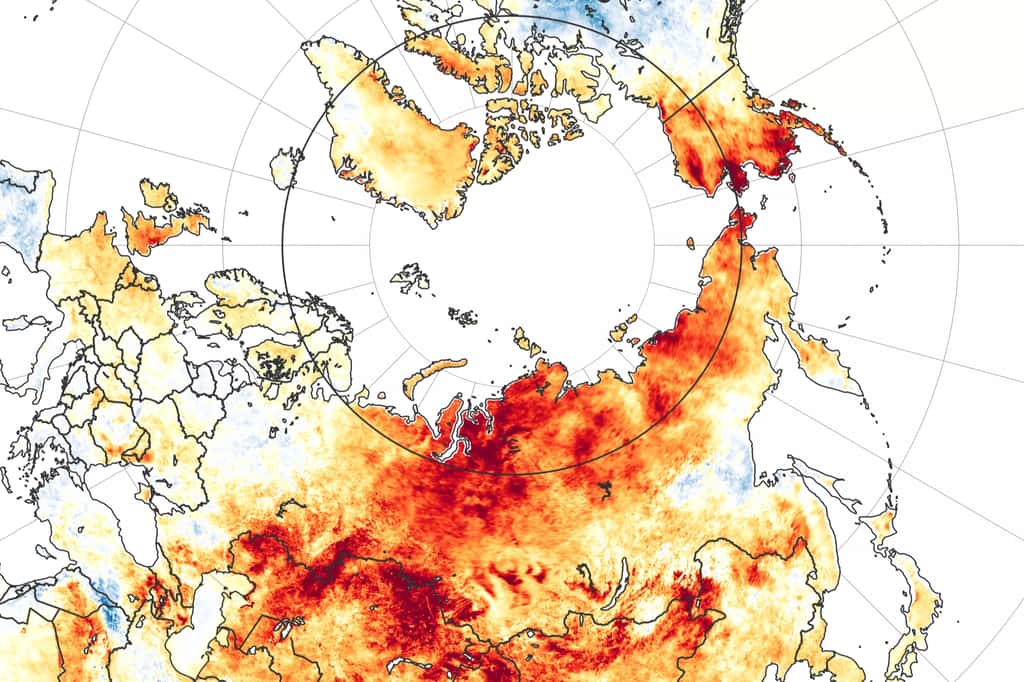 Cette carte publiée par la Nasa révèle les anomalies de températures pour la période du 19 mars au 20 juin 2020. Les zones en rouge sont plus chaudes que la moyenne des années 2003 à 2018, tandis que les rares zones bleues sont plus froides. © Nasa