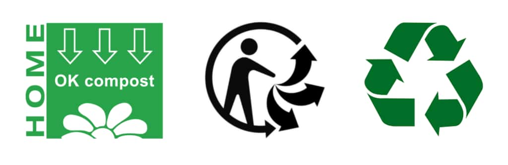 De gauche à droite : le logo « ok compost - home », le logo triman, et l'anneau de Möbius.