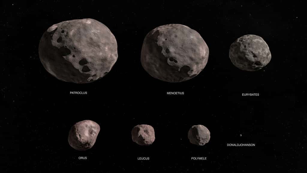 Les sept astéroïdes que survolera et étudiera Lucy au cours de sa mission. © <em>Nasa's Goddard Space Flight Center Conceptual Image Lab</em>