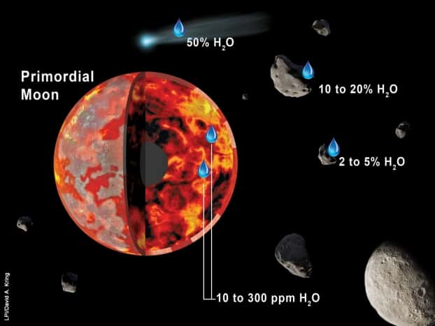 Ce schéma résume les diverses sources d'eau apportée à la Lune lorsqu’elle était encore partiellement fondue (régions rouges-orange) et que sa croûte primordiale se formait (régions grises-blanches à la surface). L'analyse des échantillons lunaires suggère que des astéroïdes similaires aux météorites carbonées riches en eau de type CI, CM et CO ont pu être les principaux pourvoyeurs d’eau. Les météorites carbonées de type CI et CM contiennent 10 à 20 % d’eau. Les comètes contiennent bien plus d’eau, peut-être jusqu’à 50 % en masse, mais elles auraient contribué pour moins de 20 % à la réserve d’eau lunaire. © Insu, CNRS, LPI, David A. Kring