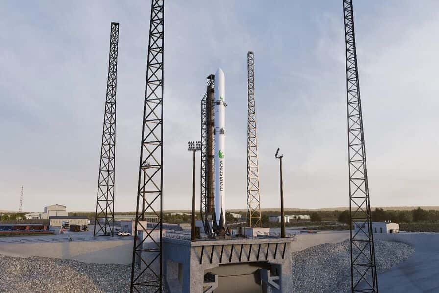 Voici à quoi ressemblera le pas de tir Soyouz au CSG, avec la fusée Maia à la place. Éloigné du reste des installations de Kourou, le pas de tir est idéalement placé pour accueillir les premiers tests de réutilisation avec Maia. © Maiaspace