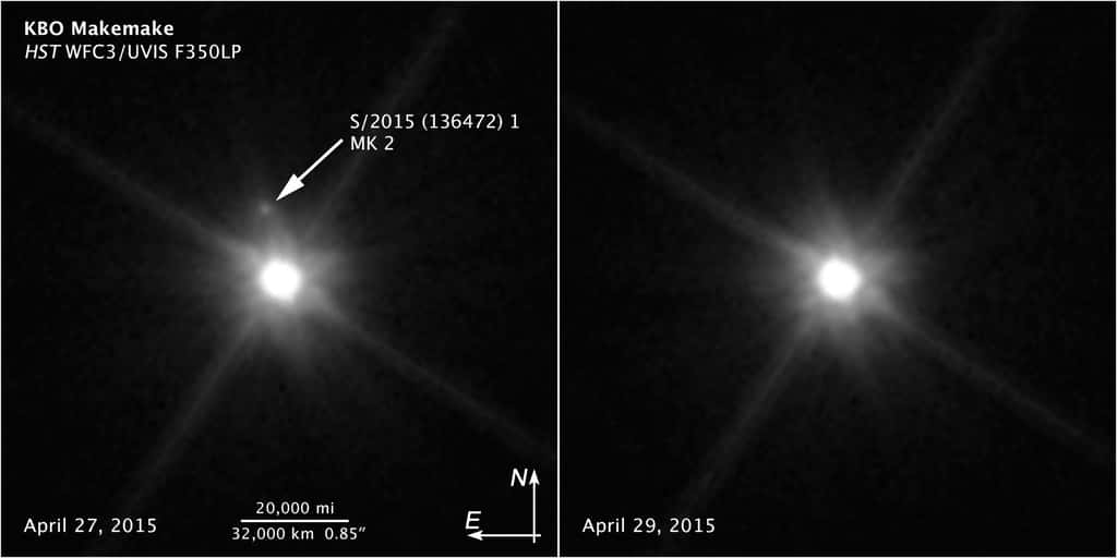 Sur l'image de gauche, prise par Hubble, apparaît Makémaké, environ 1.300 fois plus brillante que sa lune MK2 récemment découverte. Sur l'image de droite, prise deux jours plus tard, la lune a bougé et n'est plus visible. © Nasa, Esa, Z. Levay (STScI)