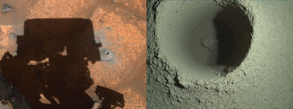 Deux photos du forage réalisé par Perseverance : celle de gauche est prise par une caméra de navigation, celle de droite par l'instrument Watson. © Nasa, JPL-Caltech