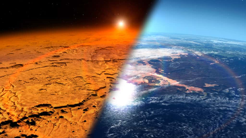 En perdant progressivement son atmosphère, dense au début de sa formation, Mars est devenue une planète désertique et froide (à gauche) alors qu'elle était chaude et humide (à droite). © Nasa