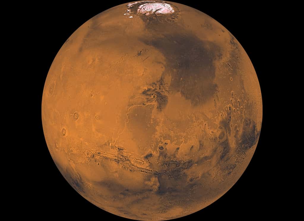 La planète Mars. Cette image est une mosaïque d'environ 1.000 images acquises par l'orbiter Viking qui montre des détails de trois kilomètres (1 km/pixel). © Nasa, JPL-Caltech, USGC