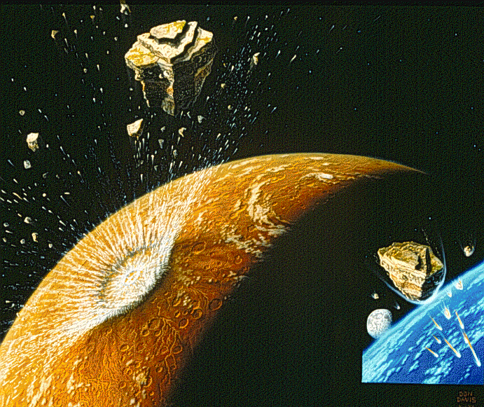 Une vue d’artiste de l’origine des météorites martiennes tombées sur Terre. Il y a des millions d’années, des impacts de petits corps célestes sur la Planète rouge ont éjecté des blocs de roches de sa surface. Ils ont ensuite erré dans l’espace interplanétaire avant d’être attirés par la Terre au hasard des perturbations gravitationnelles et des changements d’orbite. © DR, 2000 University of Virginia (Department of Astronomy), adapté de Don Davis, Nasa