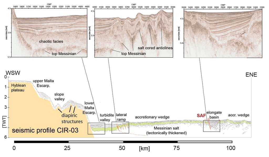 Dans de précédents travaux, Marc-André Gutscher avait déjà étudié le dépôt, qu’il avait interprété comme étant un remplissage post-messinien, datant du Pliocène. Sur ce profil sismique, on peut observer le dépôt chaotique en vert clair, légendé <em>« chaotic facies »</em> dans le détail en haut à gauche. © Marc-André Gutscher <em>et al</em>., <em>Tectonics</em>, 2016