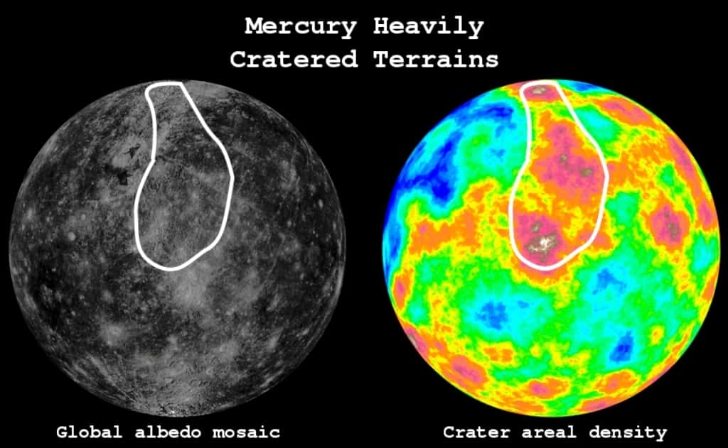 Deux cartes déduites des observations de la surface de Mercure par Messenger. La carte de gauche montre l'albédo (rapport de l’énergie solaire réfléchie par la surface à l’énergie solaire incidente) de la surface de Mercure. La carte de droite montre la densité de cratères dont le diamètre est supérieur à 25 km. Les terrains les plus fortement cratérisés sont en rouge et la ligne blanche entoure les plus anciens, datés d'il y a environ 4,1 milliards d'années. © <em>Johns Hopkins University Applied Physics Laboratory</em>