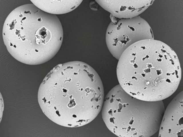 Image (prise au microscope électronique à balayage) des microbilles poreuses, dont le diamètre est d'environ 300 µm. © CRPP