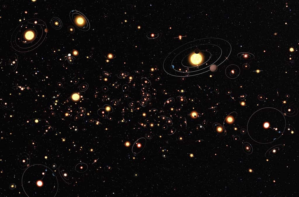 Illustration d’étoiles entourées d’exoplanètes. Il y en a en pagaille dans notre galaxie et toutes les autres. Mais combien sont similaires à la Terre ? Combien sont habitées ? © Nasa, ESA