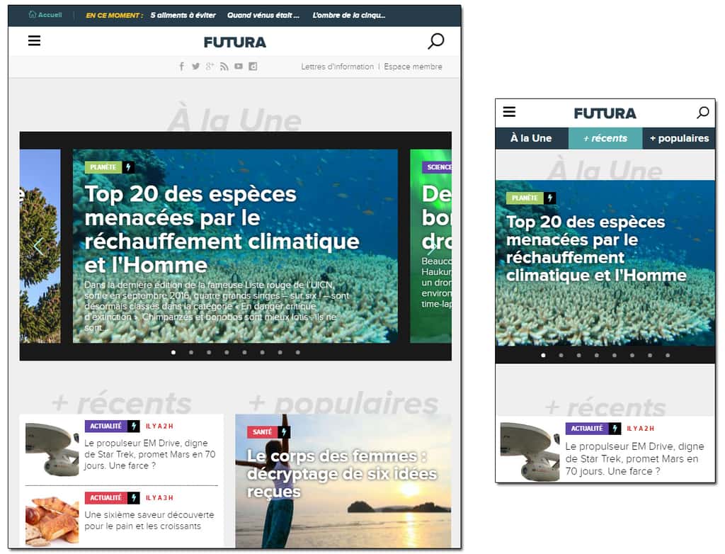 Futura en version tablette (gauche) et mobile (droite). Sous mobile, des onglets vous permettent de naviguer plus facilement sur la page d'accueil.