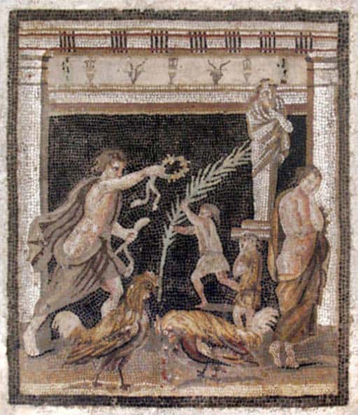 Mosaïque du II<sup>e</sup> s. av. J.-C retrouvée dans la maison du Labyrinthe à Pompéi, montrant un combat de coqs. © Strocka 1991