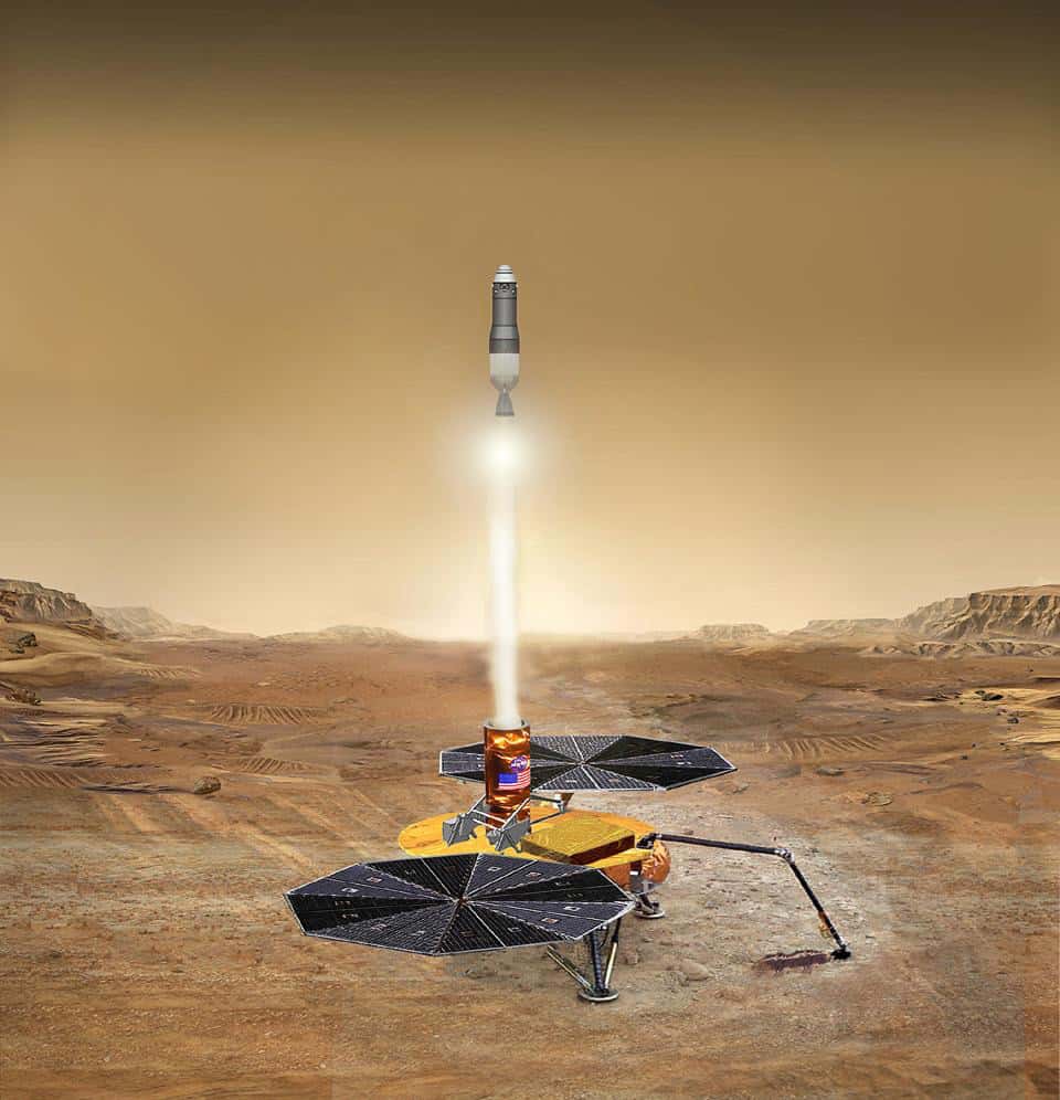 Le MAV (<em>Mars Ascent Vehicle</em>) qui, en 2028, emportera en orbite les échantillons martiens prélevés en 2020. © Nasa, JPL