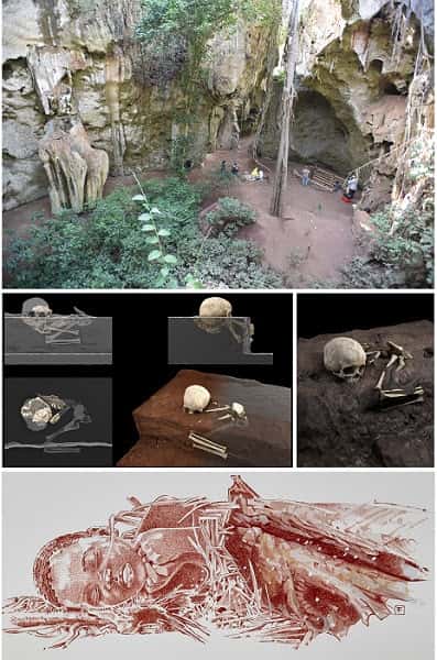 Voici la sépulture de Mtoto, au Kenya, ainsi qu'une reconstruction 3D de sa disposition, accompagnée d'une reconstruction artistique. © María Martinón-Torres et al., Nature