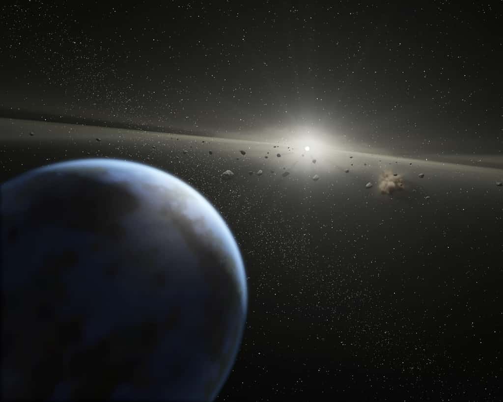 Autour d'une naine blanche, certaines des planètes tournant autour d'elle peuvent avoir survécu à la phase géante rouge de cette étoile. Comme le montre cette image d'artiste, la naine blanche serait entourée d'un disque de débris et d'exoplanètes restantes. © Nasa-JPL / Caltech / T. Pyle (SSC) 