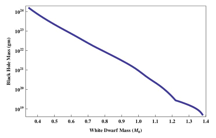 La masse minimale d'un trou noir nécessaire pour détruire une naine blanche de carbone d'une masse donnée est en ordonnée sur ce graphique (<em>Black Hole Mass</em>). La masse des naines blanches (<em>White Dwarf Mass</em>), en abscisse, est donnée en unité de masse solaire. Plus les naines blanches sont massives, et ont des densités élevées, moins il est nécessaire d'une petite perturbation induite par un transit de trou noir afin d'initier des réactions de fusion qui s'emballent. © Peter W. Graham, Surjeet Rajendran, Jaime Varela