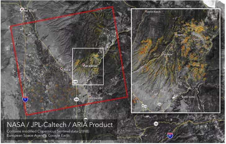 Carte montrant le territoire dévasté par le « Camp Fire » au nord de la Californie, au 10 novembre. Le rectangle rouge mesure 88 sur 77 km. La petite ville de Paradise, qui comptait 27.000 habitants, a été entièrement brûlée. © Nasa/JPL-Caltech
