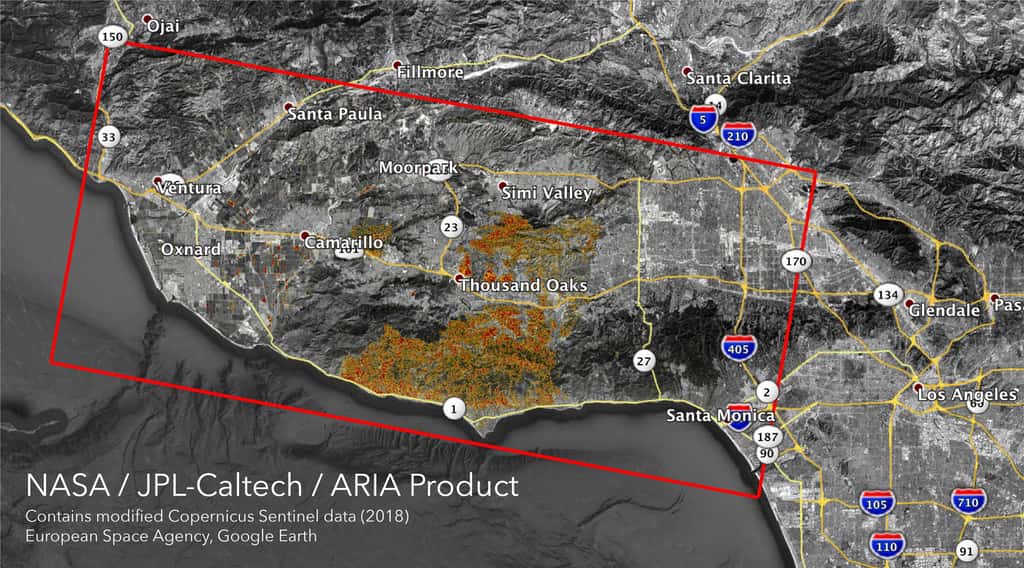 Carte montrant le territoire dévasté par le « Woolsey Fire » au sud de la Californie, au 11 novembre.  Le rectangle rouge mesure 80 sur 40 km. © Nasa/JPL-Caltech