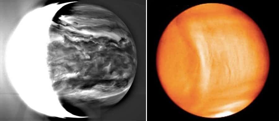 À gauche : l’atmosphère striée de nuages d’acide sulfurique dépeinte dans l’infrarouge par la caméra IR2 d’Akatsuki. À droite : une étrange formation en arc de cercle relie les deux pôles de Vénus et progresse au même rythme que la planète (rotation de 243 jours) et non de l’atmosphère très rapide (4 jours). Son origine est encore mystérieuse. © Jaxa