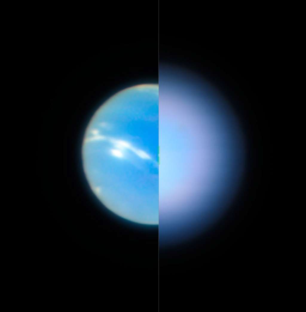 Ce montage permet de se rendre compte de l'intérêt d'utiliser l'optique adaptative pour observer le ciel. À gauche, Neptune observée avec optique adaptative tandis que la partie droite de l'image à été observée sans. © ESO, P. Weilbacher