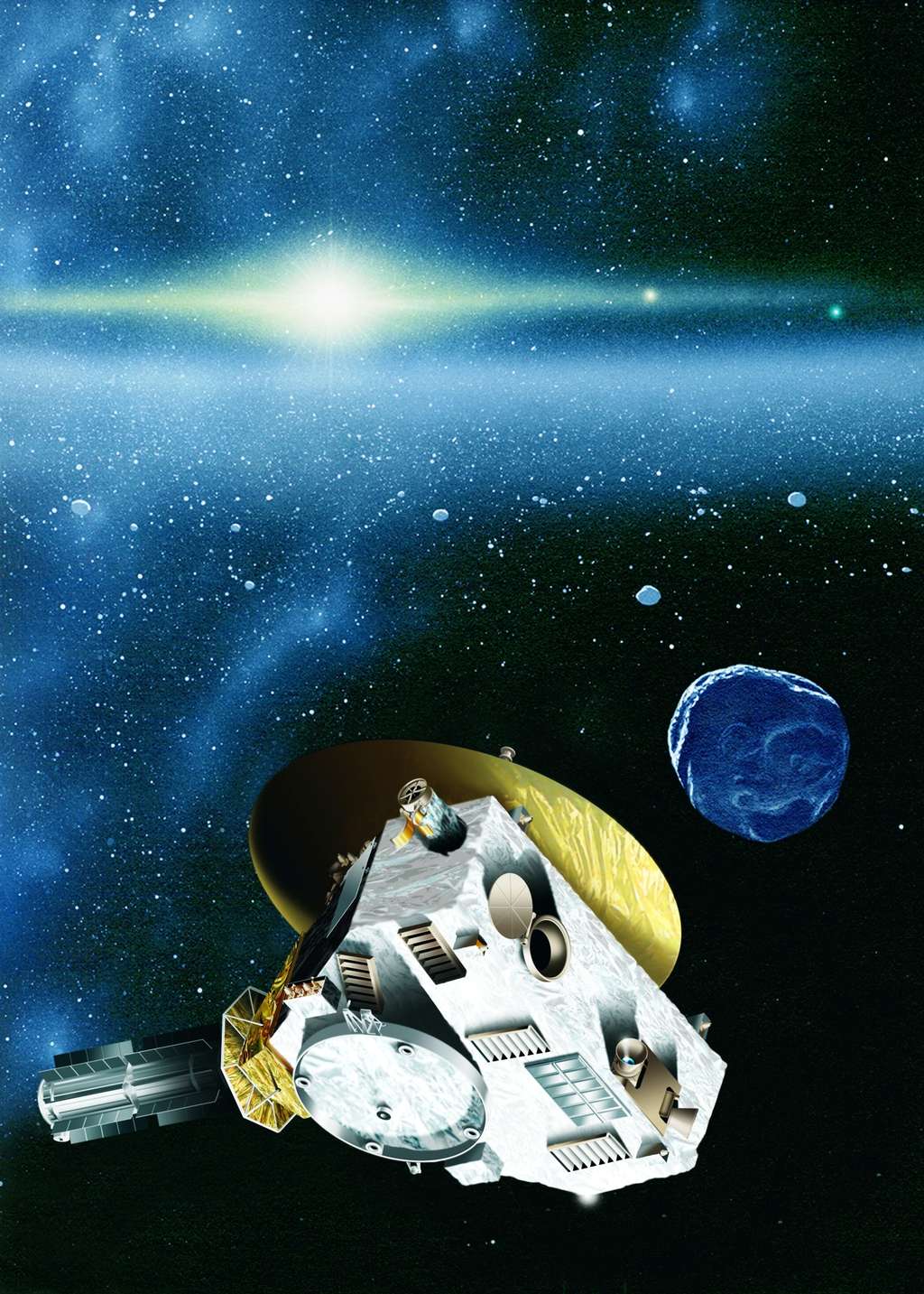 Après Pluton, la sonde New horizons devrait se diriger vers un objet transneptunien. Sa trajectoire pourrait nous révéler l'existence de corps célestes beaucoup plus massifs, des superterres. © <em>Johns Hopkins University APL</em>/<em>Southwest Research Institute</em>