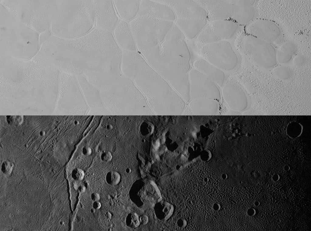 En haut : détail de la plaine Spoutnik sur Pluton où l’on distingue les cellules de glace d’azote et des blocs de glace d’eau dérivant le long de leurs bordures. En bas : la région de la plaine Vulcain sur Charon, riche en glace d’eau. © Nasa, JHUAPL, SwRI