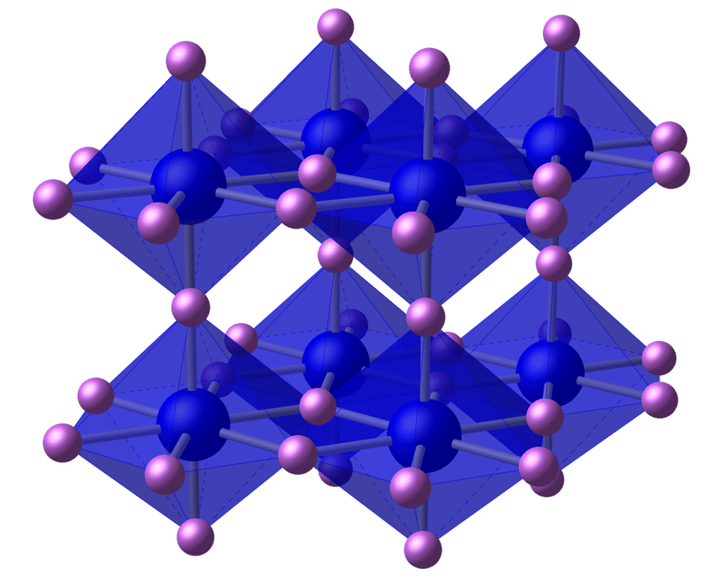 La structure du nitrure de lithium. Les anions nitrures sont en bleu, les cations lithium en rose. © Ben Mills, Wikipedia, Domaine public