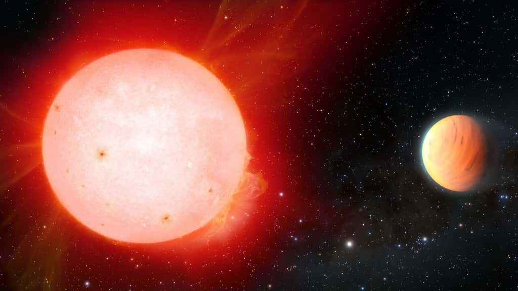Vue d'artiste d'une planète géante gazeuse ultra pelucheuse en orbite autour d'une étoile naine rouge. © NOIRLab