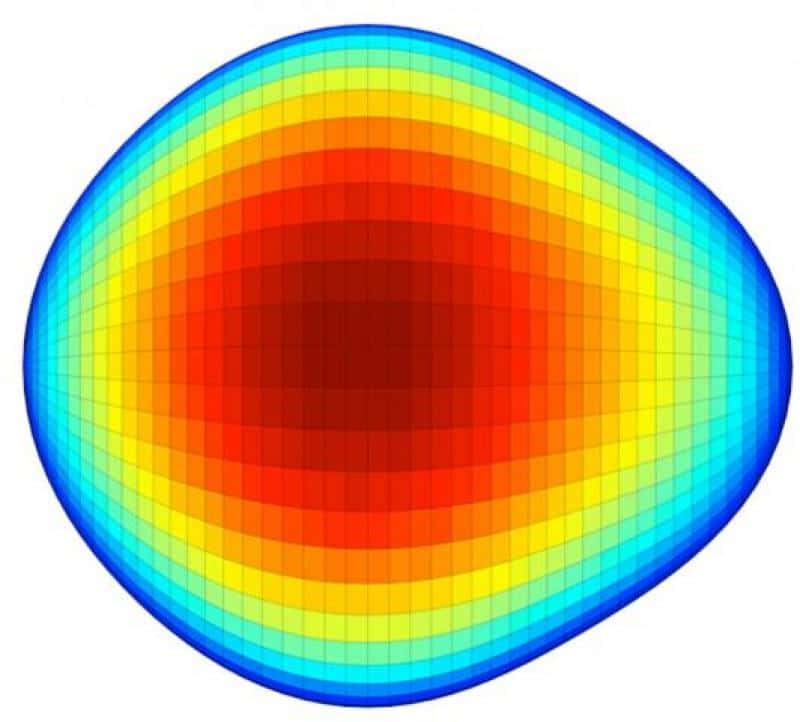 La curieuse forme d'un noyau de radium 224 dont les dimensions sont d'une dizaine de femtomètres (unité de mesure de longueur valant 10<sup>-15</sup> m). Les couleurs passant du bleu au rouge indique la position de la surface de cet isotope selon l'axe perpendiculaire au plan qui serait celui de l'écran. © Isolde, Cern