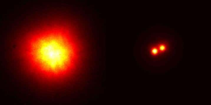 Sans optique adaptative (à gauche), certaines étoiles doubles, comme celle que l'on voit ici, ne sont pas résolues quand on forme leur image à l'aide d'un télescope. Avec l'optique adaptative (à droite), les choses peuvent changer car elle permet parfois de distinguer les 2 composantes de ces étoiles doubles. © ESO, Obspm