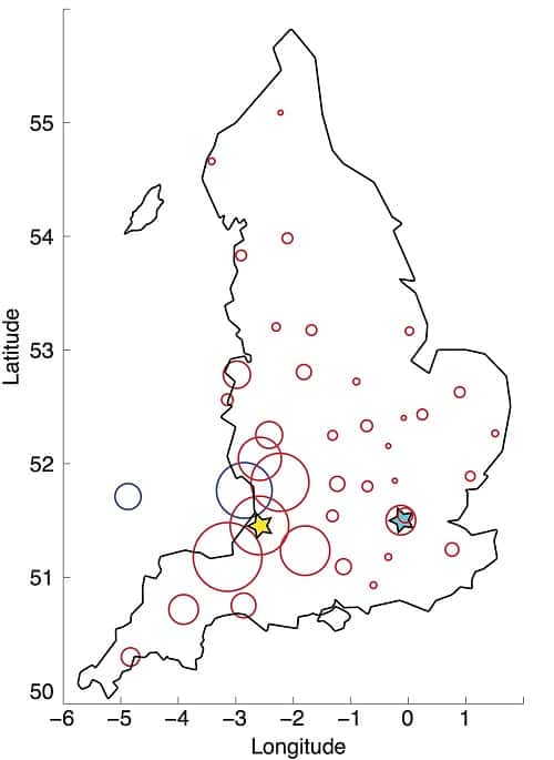 Sur cette carte, les lieux d’origine des migrants britanniques enregistrés dans les archives sont représentés par des cercles, dont la taille est proportionnelle au nombre de personnes. Bristol est marquée par une étoile jaune. © André Sherriah, <em>et al</em>., 2018, <em>Phil. Trans. R. Soc. B-Biol. Sci</em>.
