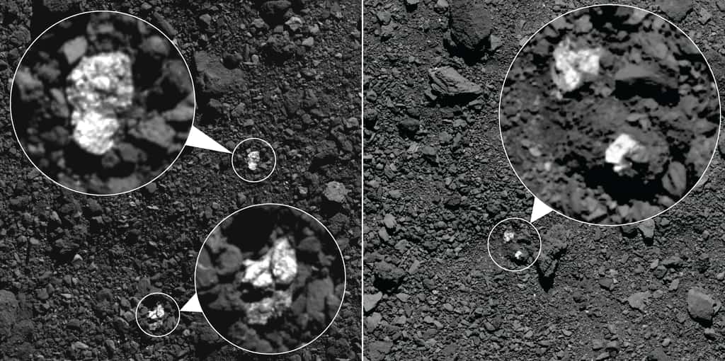 Au printemps 2019, Osiris-Rex a capturé ces images, qui montrent des fragments de l'astéroïde Vesta présents sur la surface de Bennu. Les rochers brillants (encerclés sur les images) sont des matériaux riches en pyroxène de Vesta. Certains matériaux brillants semblent être des roches individuelles (à gauche) tandis que d'autres semblent être des clastes dans de plus gros rochers (à droite). © Nasa, Goddard, <em>University of Arizona</em>