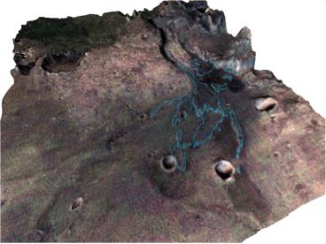Vue 3D d'une image prise par la caméra HRSC (<em>High Resolution Camera</em>) de MarsExpress. Les parties apparaissant en rosé correspondent aux dépôts argileux. Ils ont été découverts grâce au spectro-imageur Omega de la sonde européenne. Les restes du delta ont été cartographiés en bleu. © CNRS