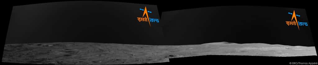 Panorama lunaire reconstitué par deux images prises par les caméras de navigation du rover indien Pragyan. © Thomas Appéré, Isro