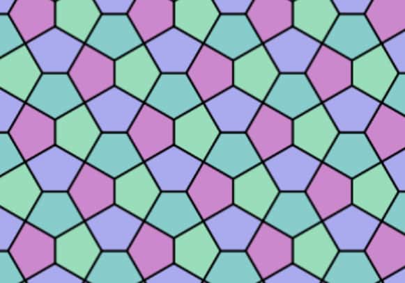 Un pavage pentagonal peut être constitué de pentagones réguliers ou non. L'un des plus célèbres, présenté ici, s'appelle le pavage du Caire. Il fait partie des quatorze types de pavages pentagonaux isoédraux, c'est-à-dire employant un seul type de tuile, connus à ce jour. © Creative Commons wikipedia 