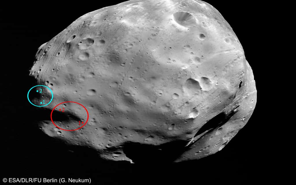 Image de Phobos acquise par la sonde Mars Express le 7 mars 2010. Les cercles indiquaient les sites possibles d’atterrissage de la sonde Phobos-Grunt. Ils pourraient être ceux de la future mission MMX du Cnes et de la Jaxa. © ESA, DLR, FU Berlin