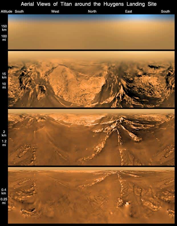 Une série de vues aériennes de Titan lors de la descente de Huygens dans l’atmosphère de la lune de Saturne, de 150 km à 0,4 km du sol, le 14 janvier 2005. © Esa, Nasa, JPL-Caltech, université d’Arizona