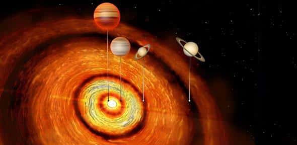 À quelque 500 années-lumière de notre Soleil, CI Tau abrite quatre planètes géantes. La plus proche de son étoile (dont la masse s’approche de celle de Jupiter comme la suivante) se situe sur une orbite équivalente à celle de Mercure et la plus éloignée (dont la masse est plus proche de celle de Saturne, comme la précédente) se trouve à une distance plus de trois fois supérieure à celle qui existe entre le Soleil et Neptune. © Université de Cambridge