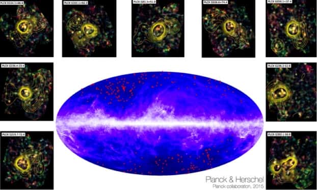 Tout autour de la zone du ciel observé par Planck : quelques images de Herschel, avec les contours de densité de galaxies. © Esa <em>and the Planck Collaboration</em>, H. Dole, D. Guéry, G. Hurier, IAS, université Paris-Sud, CNRS, Cnes